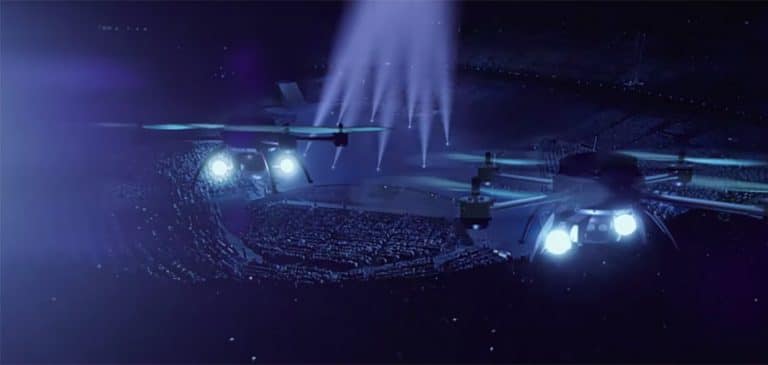 Un spectacle de drones dans un univers futuriste