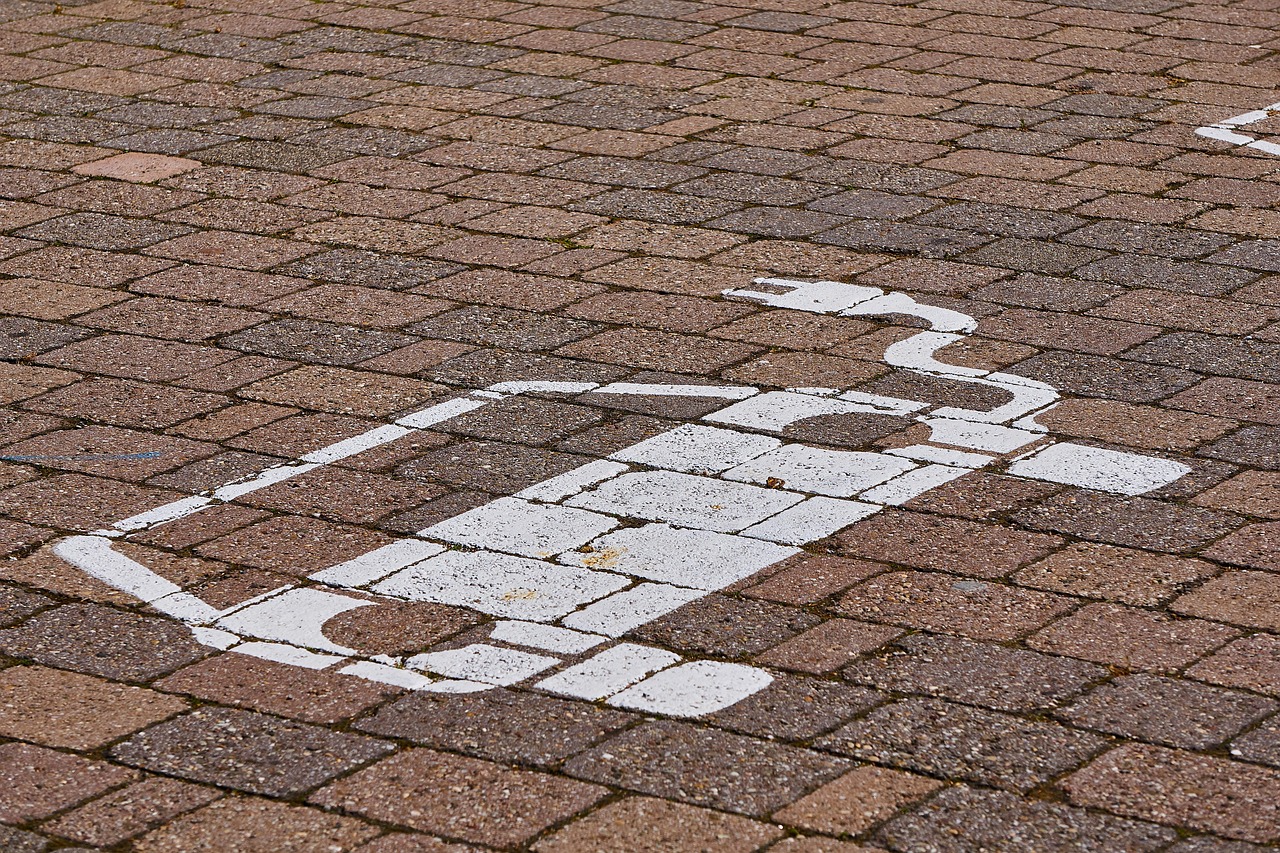 Le marquage blanc d’une place réservée à la recharge électrique, peint sur des pavés